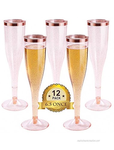 Plastic Champagne Flutes with Rose Gold Glitter and Rose Gold Rim Reusable Disposable Champagne Flutes Glasses for Wedding Party Cocktail Celebration 6.5oz 12