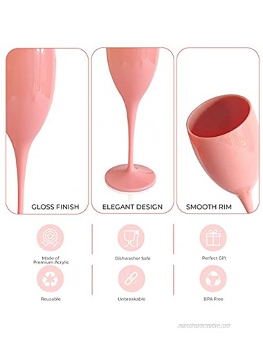 Plastic Champagne Flutes With Stem – Reusable Acrylic Wine Glasses Stemmed Set of 4 Party Drinking Cups Unbreakable Outdoor Pool-Side Bar Drinkware Pink Prosecco Flutes for Picnics Weddings or Beach