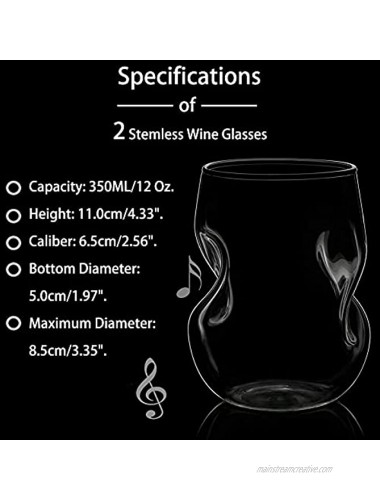 Stemless Wine Glasses Set of 2 | 12 Oz Wine Glass with Finger Indentations | Wine Cups Thumb Notch for Beverage Cocktail Milk Red White Wine in Pool,Beach Party | Hand Blown Crystal