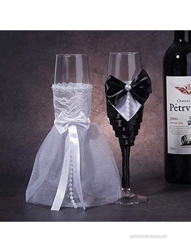 TRUE LOVE GIFT Bride and Groom Wedding Champagne Toasting Flute Anniversary Glasses with Silk Bow Tie and White Lace Trim Pearl Décor Set of 2