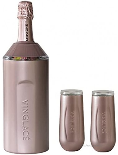 Vinglace Champagne Gift Set Portable Insulator Sleeve for Wine and Champagne Bottles 2 Champagne Flutes Double Walled with Stainless Steel and Glass Tumblers Rose Gold