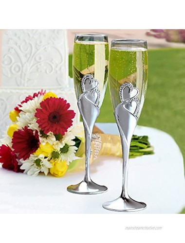 Wedding Toasting Flutes Sparkling Love Design Champagne Flutes for Bride and Groom Set of 2 Silver