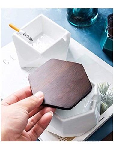 AMITD Ceramic Ashtray with Wood Lid Hexagon & Pentagon of Windproof Geometric Tray,for Apartment Kitchen,Patio,Office,Storage Boxes Decorative,Stand for Cigar White,Black,Blue,Green
