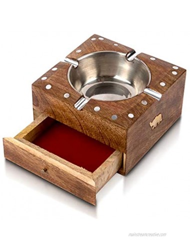 Handcrafted Cigarette Smoking Wooden Ashtray With Compartment For Home Living Room Office Patio Poker Coffee Tabletop For Cigarettes Unique Vintage Decorative Square Indoor Outdoor Ash Holder
