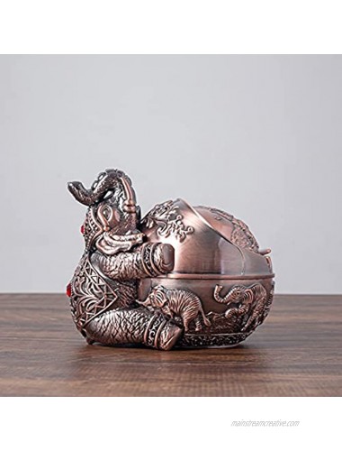 LAUYOO Vintage Decorative Windproof Ashtray with Lid for Cigarettes Metal Portable Cigarette Ashtray Odor Indoor Outdoor Hand Carved Fancy Gift ornament for Men Women- Red Copper Elephant