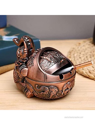 LAUYOO Vintage Decorative Windproof Ashtray with Lid for Cigarettes Metal Portable Cigarette Ashtray Odor Indoor Outdoor Hand Carved Fancy Gift ornament for Men Women- Red Copper Elephant