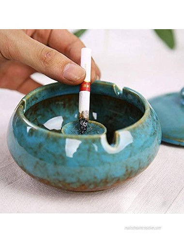 Lependor Ceramic Ashtray with Lids Windproof Cigarette Ashtray for Indoor or Outdoor Use，Ash Holder for Smokers,Desktop Smoking Ash Tray for Home Office Decoration Blue