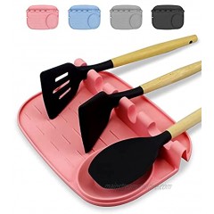Spoon Rest For Kitchen Counter,Larger Multiple Utensil Rest Silicone Spoon Holder For Stove Top With Drip Pad 4 Slots & 1 Spoon Holder Cooking Spoon Rest Easy to Clean Hang Hole Design Pink