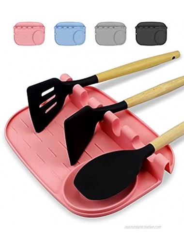 Spoon Rest For Kitchen Counter,Larger Multiple Utensil Rest Silicone Spoon Holder For Stove Top With Drip Pad 4 Slots & 1 Spoon Holder Cooking Spoon Rest Easy to Clean Hang Hole Design Pink