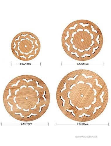 ALFEEL 4 Piece Bamboo Trivet Home Kitchen Multifunction Bamboo Heat Resistant Pads Trivet Round Multi-size Placemat Coaster for Hot Dishes Pot Bowl Cup Mup Teapot Hot Pot Holders 4 Piece