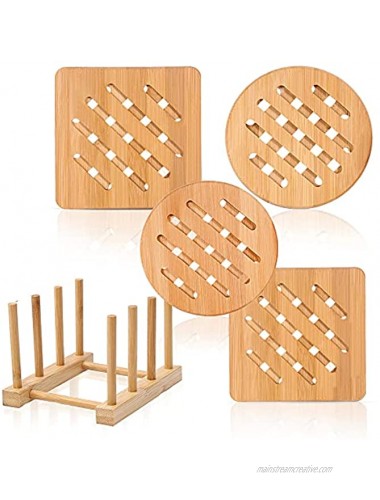 NC Bamboo Trivet Home Kitchen Bamboo Hot Pads Trivet Heat Resistant Pads Teapot Trivet,for Hot Dishes Pot Bowl Teapot 2 Square 5.9in and 2 Round and 7.1in and 1 Storage Rack Multi.
