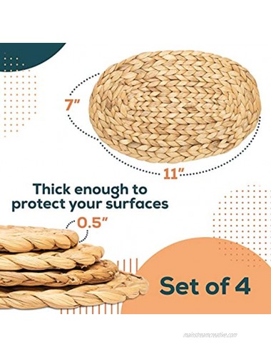 Rattan Kitchen Trivets Braided Water Hyacinth Placemat for Hot Pots Pans Cookware Dishware Oval Shape Woven Pattern Protects Counters Tabletops Natural Durable Material 7x11 Set of 4