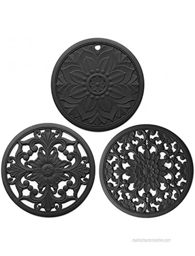 RESEYA Silicone Trivets for Hot Pots and Pans Kitchen Counter Hot Pads Heat Resistant Flexible Pot Holders Round Hollow Carved 7.87 Pack of 3 Black