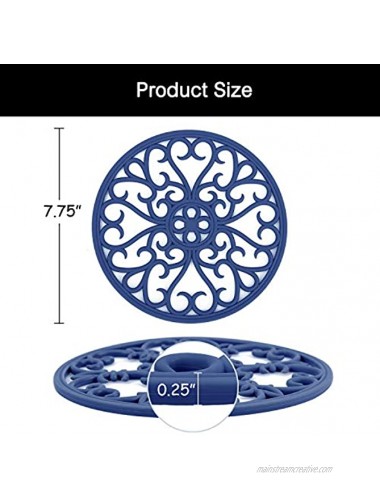 Silicone Carved Trivet Mats Set for Table Dishes and Pot Holders Mug Coasters Modern Kitchen Hot Pads for Pots & Pans Round Set of 3 Navy Blue