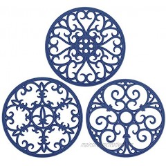 Silicone Carved Trivet Mats Set for Table Dishes and Pot Holders Mug Coasters Modern Kitchen Hot Pads for Pots & Pans Round Set of 3 Navy Blue