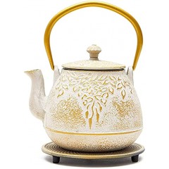 White and Gold Cast Iron Teapot with Trivet in a Leaf Design 32 Ounces