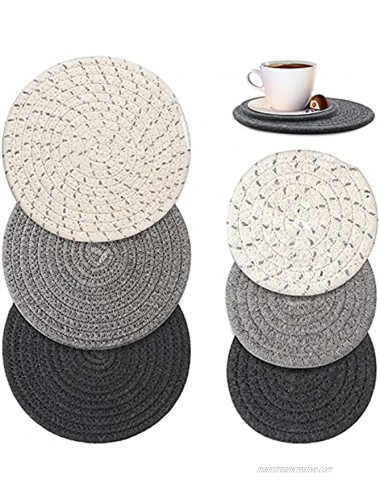 WTSHOP 6 Pcs Pot Trivets Large Braided Woven Trivet Coaster Cotton Rope Weaving Cup Coaster Hot Pot Dish Pad Mat7 Inch and 4.4 Inch Gray Dark Gray White Gray