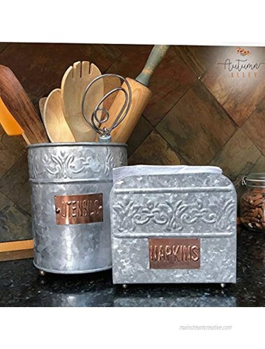 'Autumn Alley Galvanized Iron Napkin Holder Rustic Farmhouse Style for Kitchen or Dining – Upright Napkin Holder – Pretty Embossing And Copper Label Add Farmhouse Warmth
