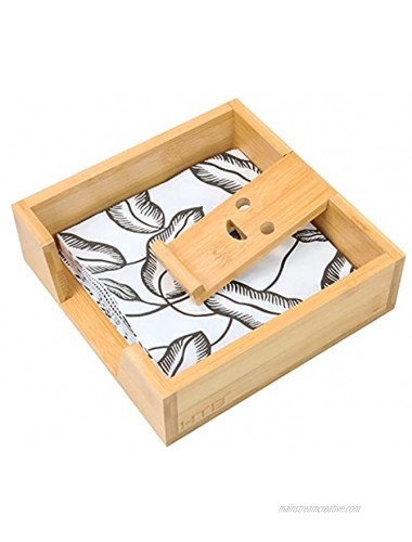 Bamboo Flat Napkin Holder with Weighted Arm,Square Cocktail Napkin Tray Dispenser Caddy Basket for Outdoor Table Picnic Kitchen Dinner