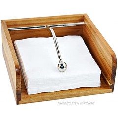 Spiretro Cocktail Paper Napkin Flat Holder Decorative Beverage Napkin Caddy with Sophisticatedly Metal Center Bar Solid Acacia Wood with Grain for Kitchen Dinging Countertop Rustic Natural Brown
