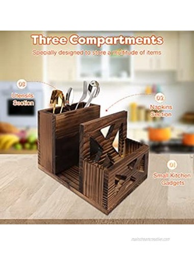 TCJJ Farmhouse Napkin Holder Tabletop Utensil Caddy Rustic Utensil Holder for Napkins Spoons Knives and Small Kitchen Gadgets Brown