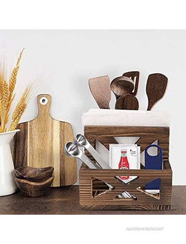 TCJJ Farmhouse Napkin Holder Tabletop Utensil Caddy Rustic Utensil Holder for Napkins Spoons Knives and Small Kitchen Gadgets Brown