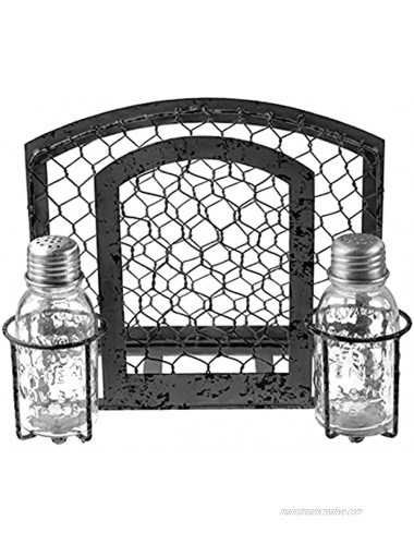 Tribello Napkin Holder With Salt and Pepper Shakers Caddy Chicken Wire Standing Napkin Dispenser with 2 Glass Mason Shakers for Farmhouse Kitchen Dining Table Decor 8 x 6 Galvanized Finish