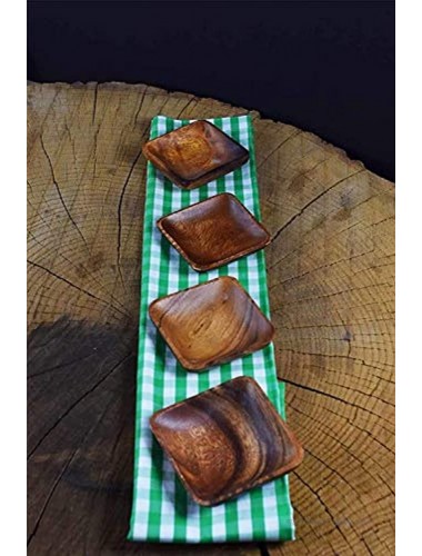 Acacia Handmade Wood Carved Plates Set of 4 Calabash Bowls Size 4 Square