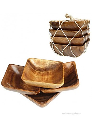 Acacia Handmade Wood Carved Plates Set of 4 Calabash Bowls Size 4 Square
