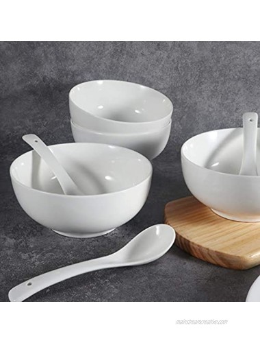 Artena Asian Soup Bowls with Spoons Set of 4 26 oz Pasta Ramen Pho Bowls and Soup Spoons Set Advanced Porcelain Elegant White Cereal Bowls for Kitchen Dishwasher Microwave Oven Safe Bowls