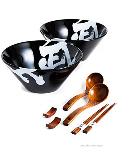 BICETTO Ceramic Japanese Ramen Bowl Set 60oz Large Ramen Bowls with Chopsticks Spoons and Chopstick Rests – Bowl for Ramen Pho Salad Poke Soup Udon – Minimalist Design Premium Quality Black
