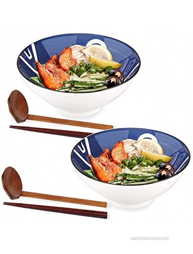 Ceramic Japanese Ramen Bowls 2 Sets 6 Piece 40 Ounce Ceramic Ramen Noodle Soup Bowls with Matching Spoon and Chopsticks for Salad Udon Soba Pho Asian Noodles