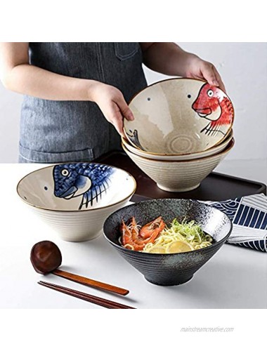 Ceramic Japanese Ramen Noodle Soup Bowl 2 Sets 6 Piece 60 Ounce with Matching Spoon and Chopsticks for Udon Soba Pho Asian Noodles Blue