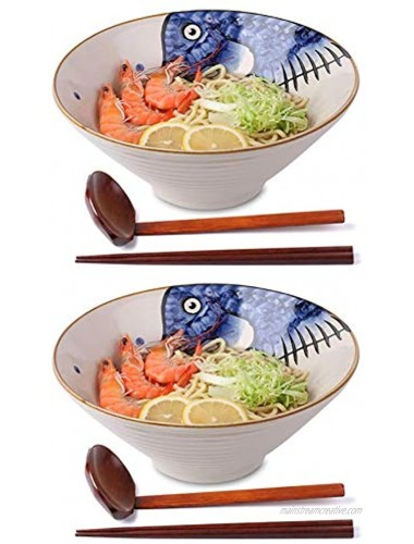 Ceramic Japanese Ramen Noodle Soup Bowl 2 Sets 6 Piece 60 Ounce with Matching Spoon and Chopsticks for Udon Soba Pho Asian Noodles Blue