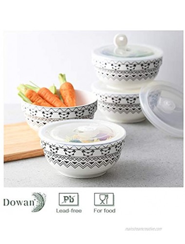Dowan Porcelain Bowls with Vented Lid 22oz Cereal Soup Bowl Ceramic Bowl Set Ceramic Bowl With Lid Prep Bowls for Kitchen Modern Bohemian Bowl for Oatmeal Rice Pasta Salad Set of 4