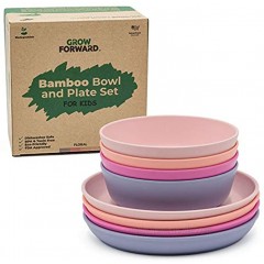 Grow Forward Kids Bamboo Bowl and Plate Set 4 Bamboo Plates & 4 Bamboo Bowls Toddler Dishes BPA Free & Dishwasher Safe Eco Friendly Biodegradable Reusable Dinnerware Floral