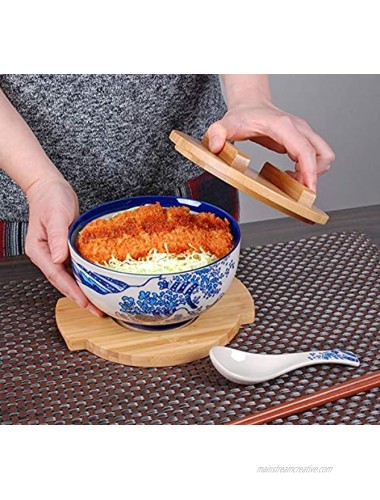 Happy Sales Japanese Kamameshi Vintage Style Rice Noodle Ramen Bowl with Bamboo Lid Trivet Chopsticks and Porcelain Spoon Bowl Set BlueWave