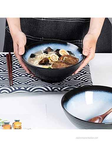 HOKELER Ceramic Japanese Ramen Bowl Set 2 Sets 8 inch 40 Ounce Asian Pho Udon Noodle Bowls with Spoons and Chopsticks Black & Blue