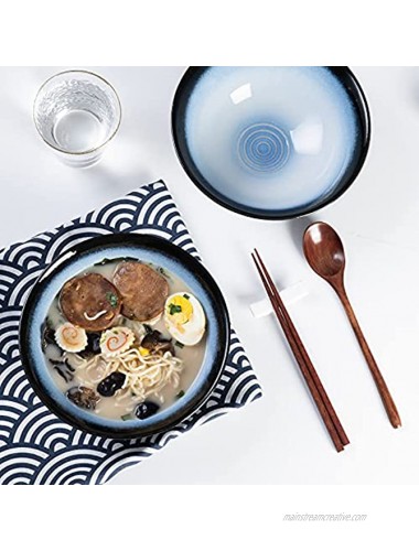 HOKELER Ceramic Japanese Ramen Bowl Set 2 Sets 8 inch 40 Ounce Asian Pho Udon Noodle Bowls with Spoons and Chopsticks Black & Blue