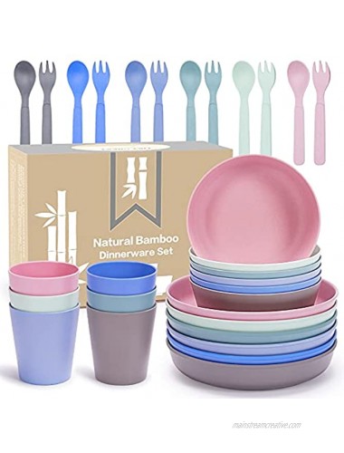 Kids Bamboo Dinnerware Set 30 Pieces Toddler Dinnerware Set 6 Plates 6 Bowls 6 Cups 6 Forks 6 Spoons Dish Washer Safe Kids Plates Dish Set for 6 Biodegradable Reusable Dinnerware Stackable