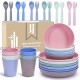Kids Bamboo Dinnerware Set 30 Pieces Toddler Dinnerware Set 6 Plates 6 Bowls 6 Cups 6 Forks 6 Spoons Dish Washer Safe Kids Plates Dish Set for 6 Biodegradable Reusable Dinnerware Stackable