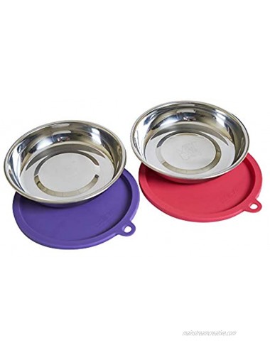 Messy Cats 4pc Set with Two Stainless Saucer Shaped Bowls and Two Silicone Lids 1.75 Cups Per Bowl Watermelon and Purple Lids