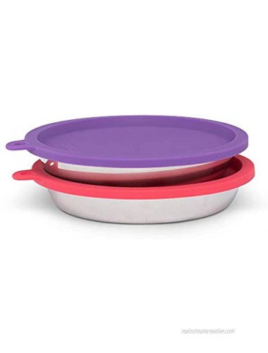 Messy Cats 4pc Set with Two Stainless Saucer Shaped Bowls and Two Silicone Lids 1.75 Cups Per Bowl Watermelon and Purple Lids
