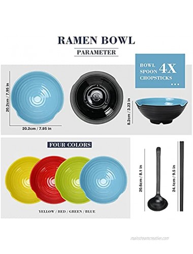 Ramen Bowls Sets Set of 4 Unbreakable Japanese Noodle Soup Bowl Capacity 1048 ml with Spoon and Chopsticks for Pasta Udon Soba Pho Asian Restaurant Quality Melamine Bowls