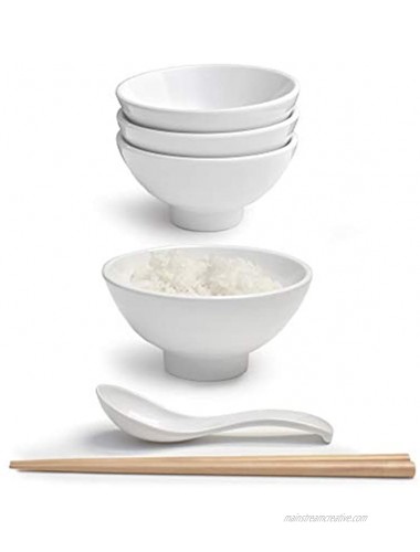 Set of 4 12 Pieces 9.5 Ounce Japanese Small Rice Bowl Thick Melamine Hard Plastic Dishware Set for Fruits Snacks Appetizers Soups Dips with Spoon and Chopsticks 4 White 4.7 inch