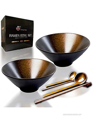 TORTELY HAUSS Ceramic Ramen Bowl Set Large 60oz | 2x Bowls 2x Spoons 4x Chopsticks 2x Chopstick Holders | Handmade Japanese Pho Bowls Noodle Bowl Soup Bowls Miso