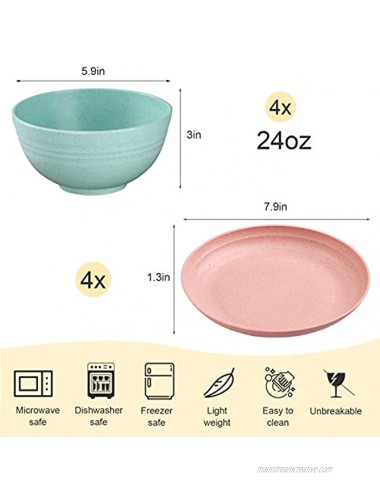 Wheat Straw Dinnerware Set Unbreakable Lightweight Cereal Plates and Bowls Sets Microwave Dishwasher Safe Reusable Eco Friendly Tableware for Kids Adults Service for 4