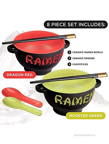World Market Japanese Ceramic Ramen Bowl Set of 2 Noodle Bowl with Soup Spoon and Chopsticks Serving Bowls for Noodle Ramen Udon Miso Thai and Pho Soup 17.5 Ounce Red Dragon and Green Rooster