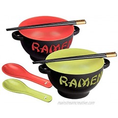 World Market Japanese Ceramic Ramen Bowl Set of 2 Noodle Bowl with Soup Spoon and Chopsticks Serving Bowls for Noodle Ramen Udon Miso Thai and Pho Soup 17.5 Ounce Red Dragon and Green Rooster