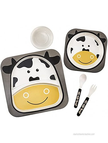 ZEAYEA Set of 5 Kids Dinnerware Set Plate Set Cartoon Tableware for Kids Healthy Mealtime Reusable Bamboo Children Dishware Set with Plate Bowl Cup Fork and Spoon BPA Free Dishwasher Safe